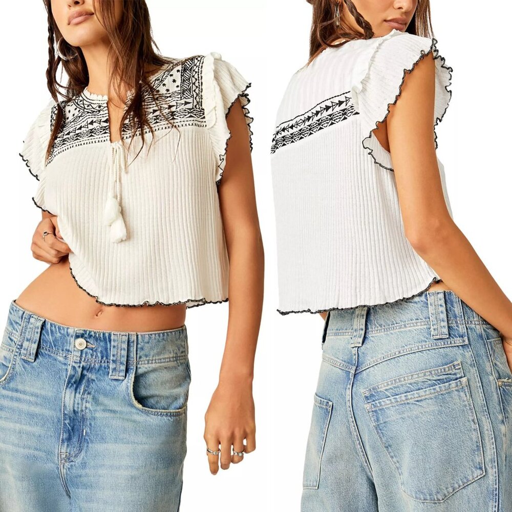 Free People Sarafina Embroidered Ivory Black Combo Crop Top Ruffle